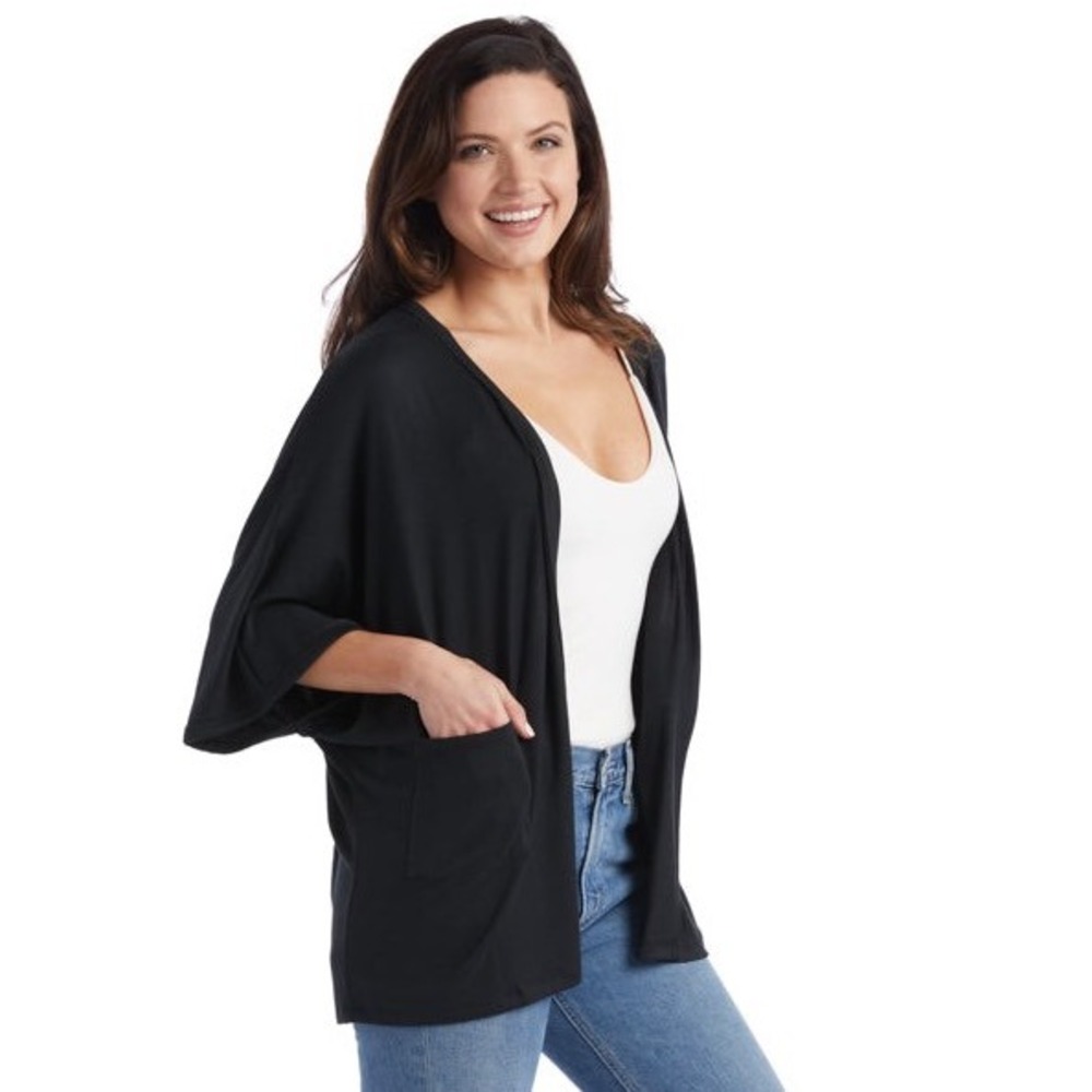 SOFTIES Dream Kimono Open Cardigan Sz‎ S/M Black Knit Dolman Sleeve Pockets